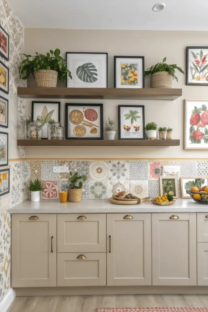 Modern kitchen with framed quotes, food illustrations, and plants used as practical wall art tips.