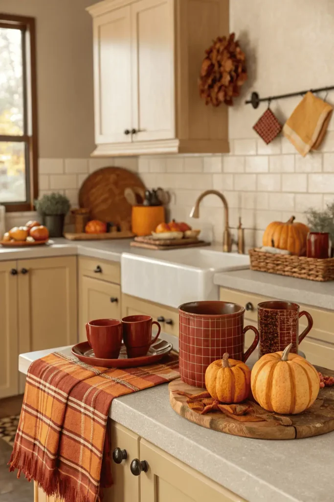 Fall kitchen decorated with pumpkins, plaid napkins, and rustic accents in burnt orange, mustard yellow, deep red, and earthy brown color palette.