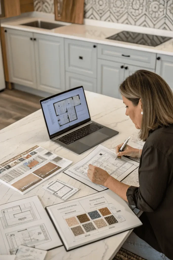 Homeowner reviewing kitchen design plans with material samples, digital layout, and notes for storage, appliances, and lifestyle needs.