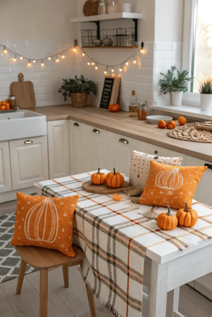 Fall kitchen with plaid table runner, pumpkin-print towels, and warm-toned cushions styled with pumpkins and candles for a cozy seasonal look.