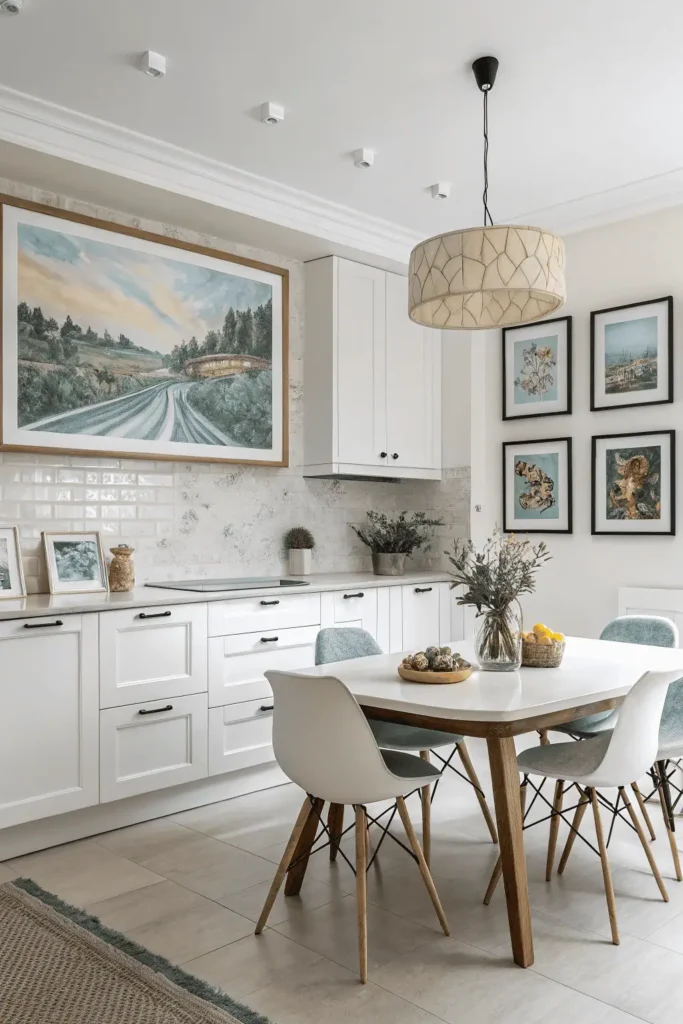 Modern kitchen with large canvas and small framed prints showing balanced wall art sizes.