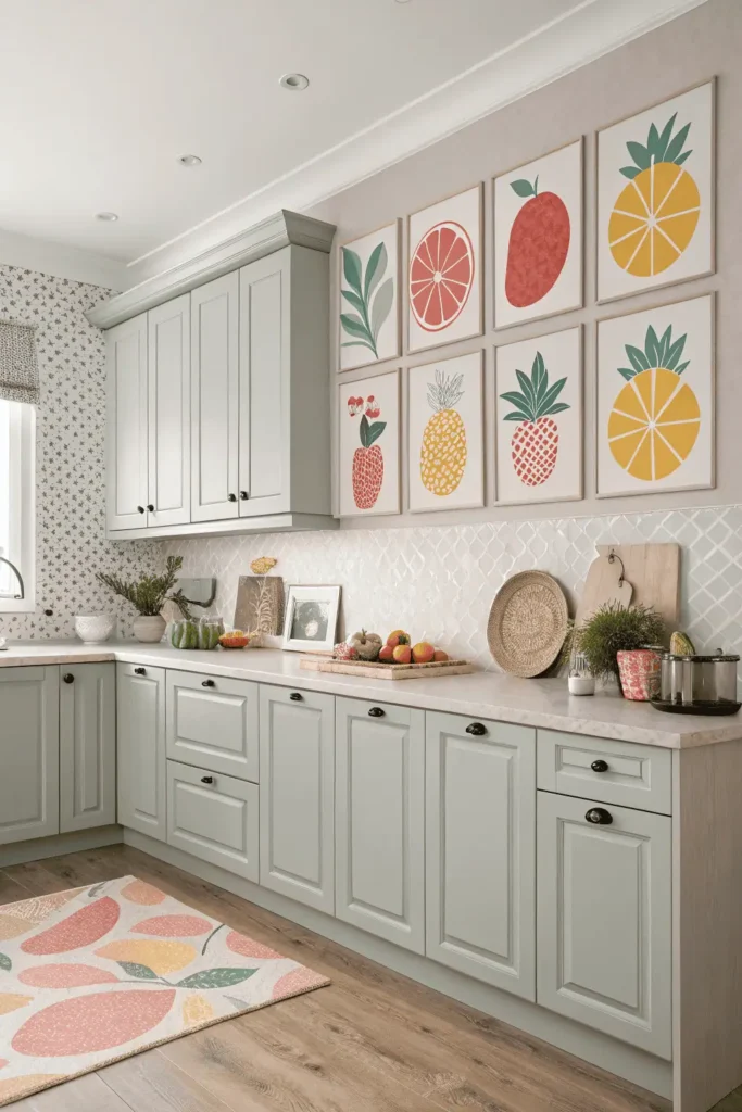 Kitchen wall art with colorful prints balanced against neutral gray cabinets and décor.