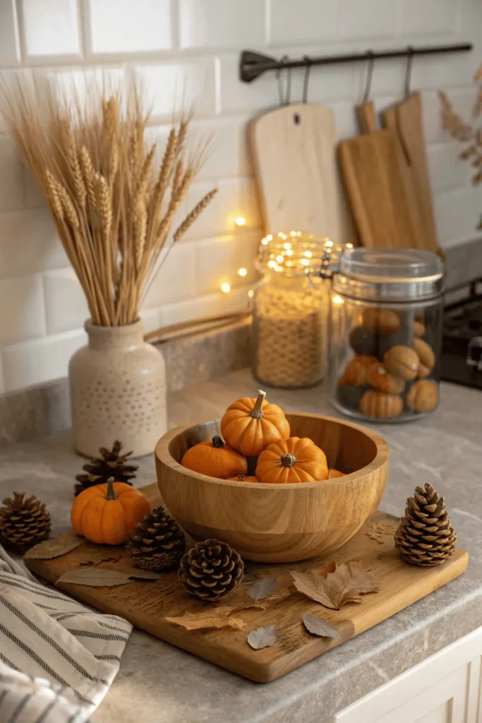 Fall kitchen with wooden bowl of pumpkins, pinecones, and leaves, paired with rustic accents and warm golden lighting for a natural seasonal look.
