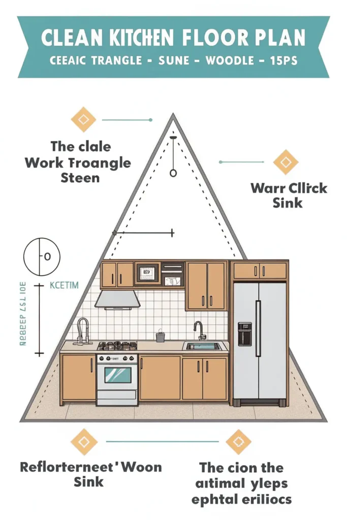 Kitchen floor plan illustration showing the work triangle between sink, stove, and refrigerator for efficient workflow.