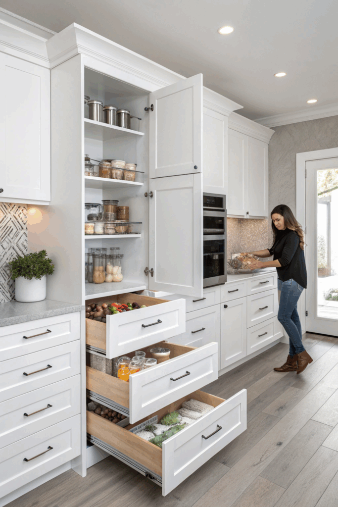 Kitchen remodel with new white shaker cabinets, open shelving, and pull-out storage organizers being installed for better functionality.