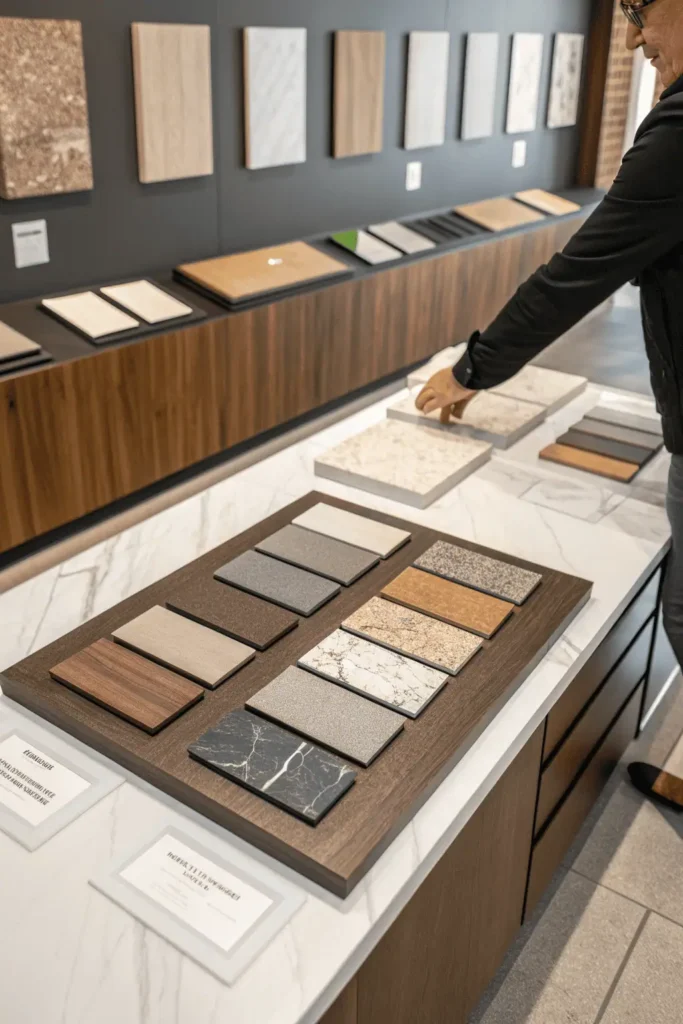 Kitchen material samples of countertops, cabinet finishes, and flooring tiles displayed on a table, showing choices for style, durability, and budget.