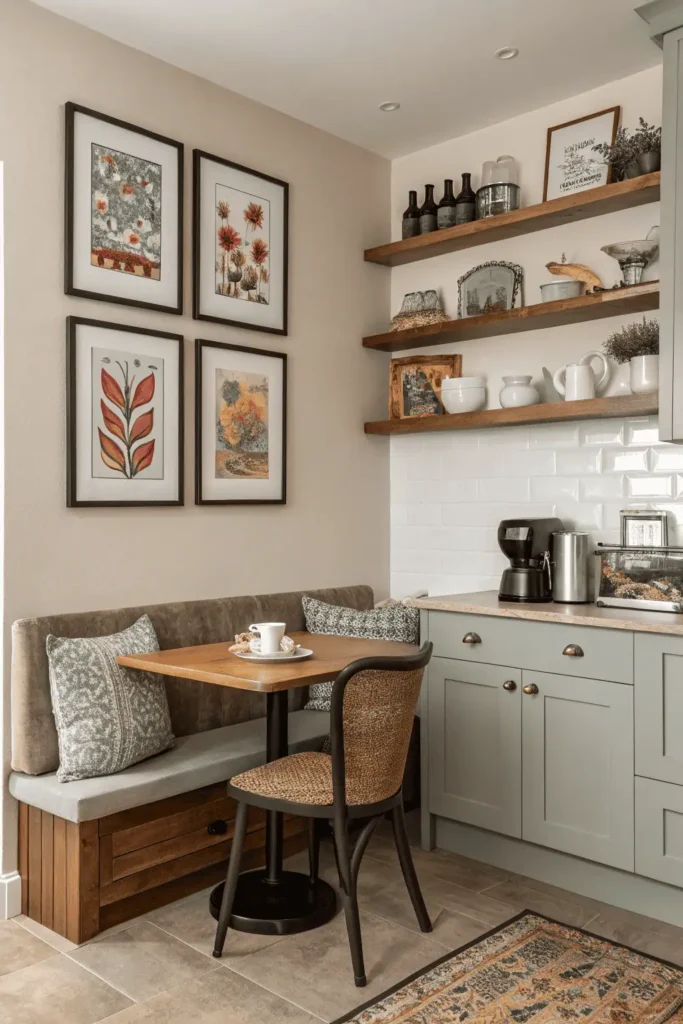 Kitchen with framed art above dining area, small canvas near shelves, and print at coffee station.