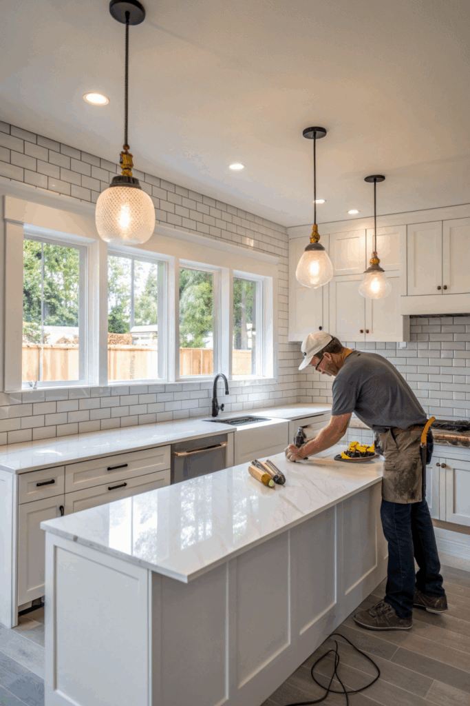 Kitchen remodel with quartz countertops and subway tile backsplash being installed, showcasing modern style and durability.