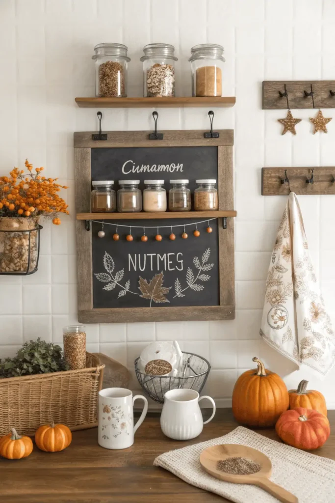 Fall kitchen decorated with a chalkboard recipe menu, rustic spice jars, hanging mugs, and pumpkins, blending seasonal charm with practical functional decor.