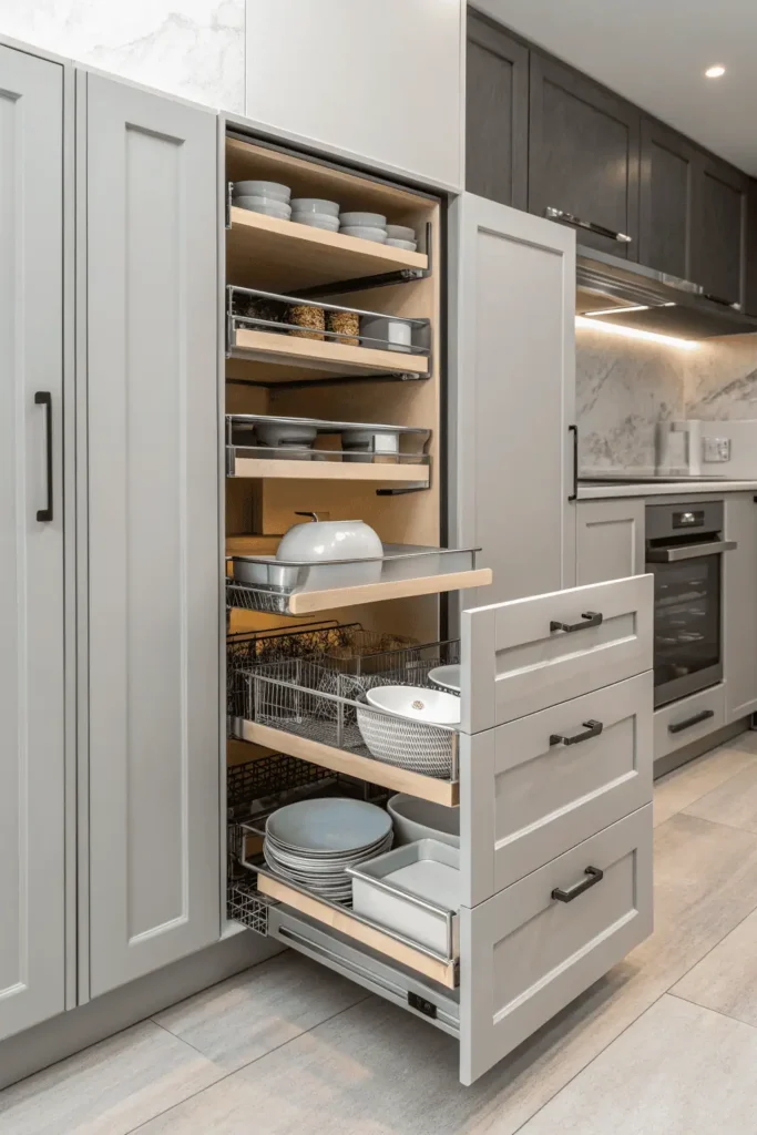 Kitchen with smart storage solutions including pull-out pantry shelves, organized drawers, and hidden compartments for a clutter-free space.