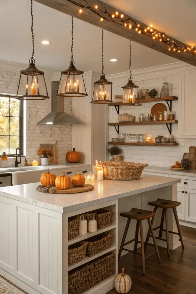 Fall kitchen with pendant lights, string lights, and candles creating warm layered lighting, styled with pumpkins and rustic decor for a cozy autumn atmosphere.