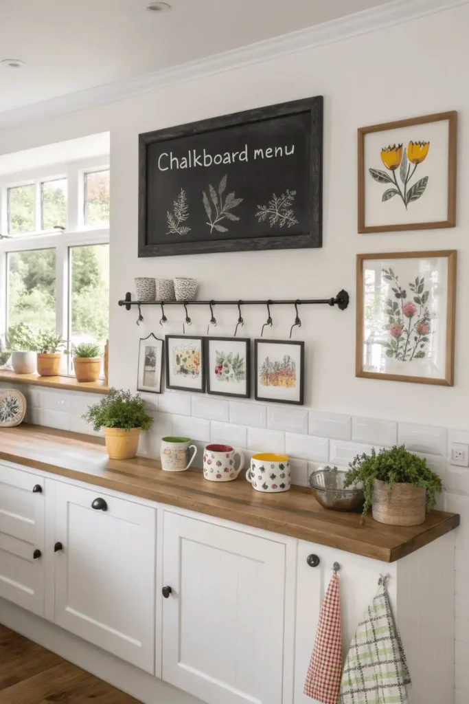 Kitchen wall art combining chalkboard menu, mug hooks, and framed herb prints for function and beauty.