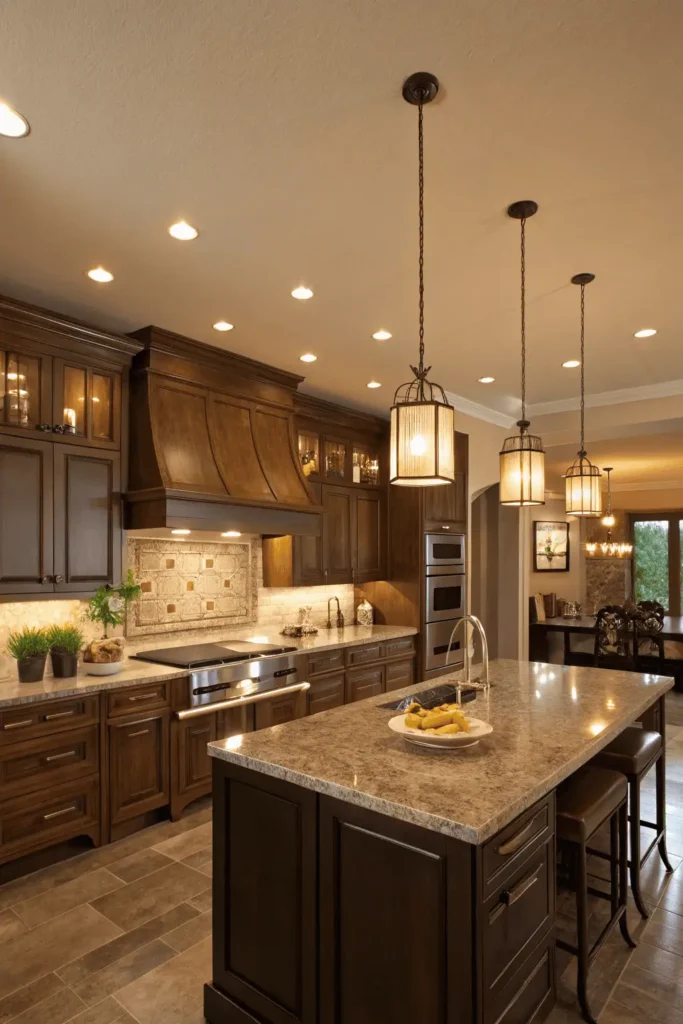 Kitchen with layered lighting design, featuring under-cabinet task lights, recessed ceiling ambient lights, and pendant accent lights over the island.