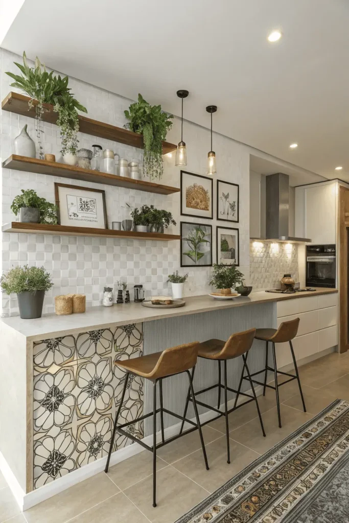 Kitchen personalized with decorative backsplash tiles, plants, artwork, and stylish seating, adding warmth and personality to the space.