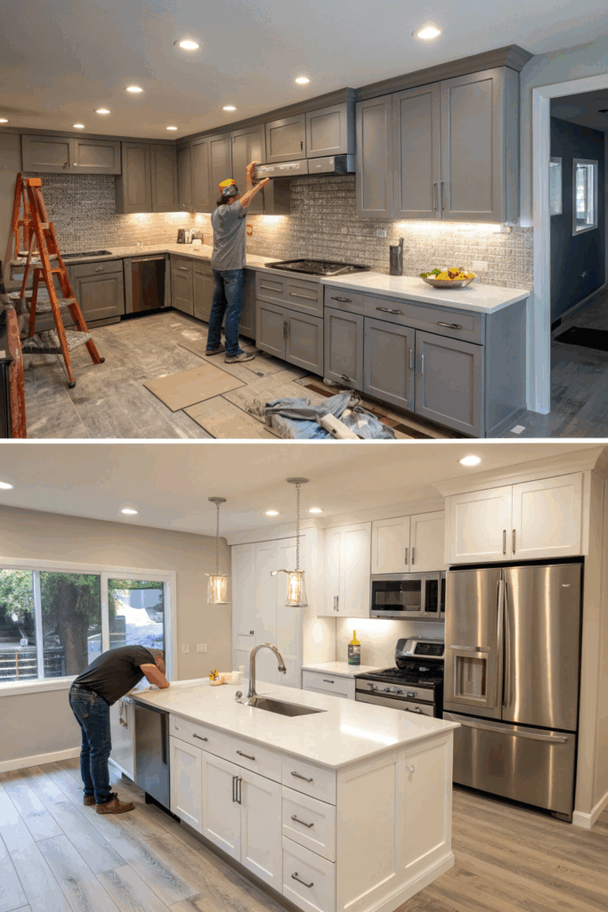 Step-by-step kitchen remodel with new cabinets, quartz countertops, and modern appliances being installed in a bright, functional space.