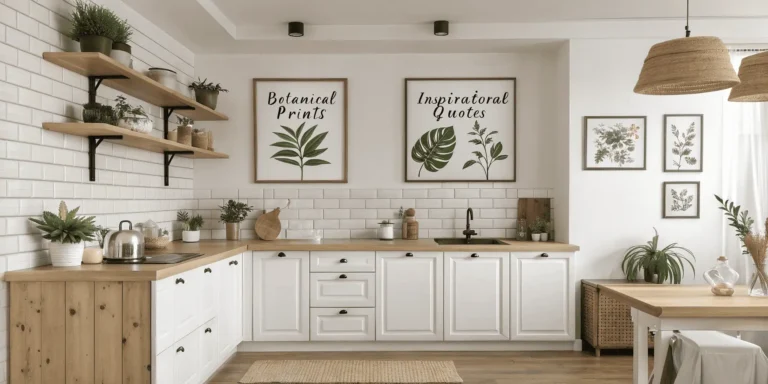 Modern kitchen with framed botanical and quote wall art above counter for stylish décor.