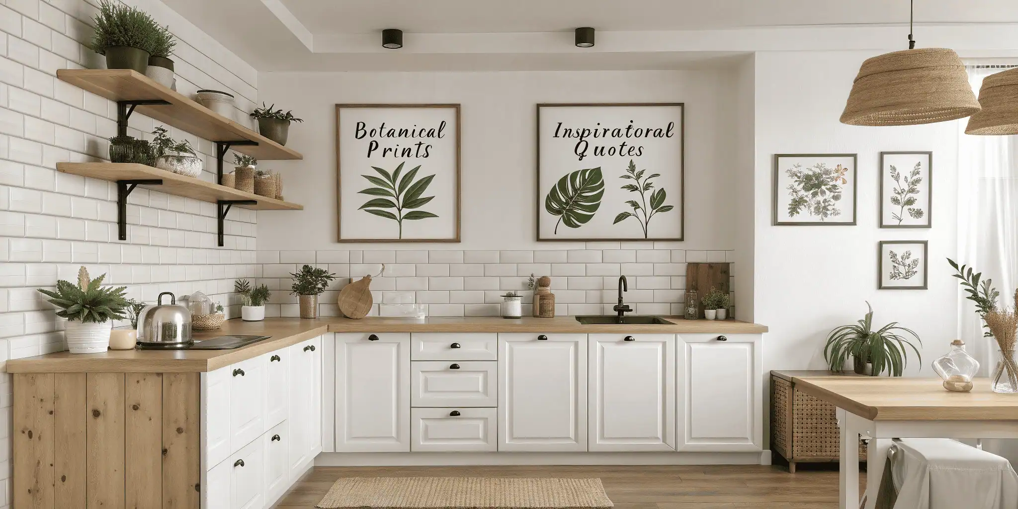Modern kitchen with framed botanical and quote wall art above counter for stylish décor.