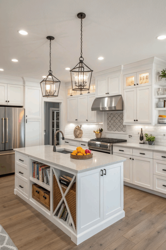 Modern remodeled kitchen with white cabinets, quartz counters, pendant lights, and a small island showcasing functional kitchen remodel ideas.