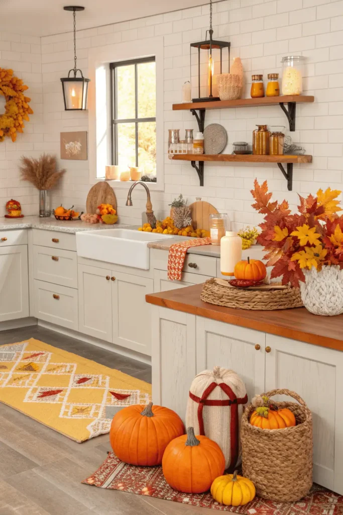 Autumn kitchen decorated with pumpkins, plaid textiles, fall garland, and rustic wood accents, showing the essence of cozy fall kitchen decor.