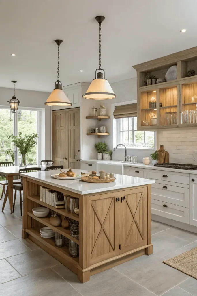 Modern kitchen interior with central island, pendant lights, wooden cabinets, and open shelving showing the balance of style and functionality in kitchen design.