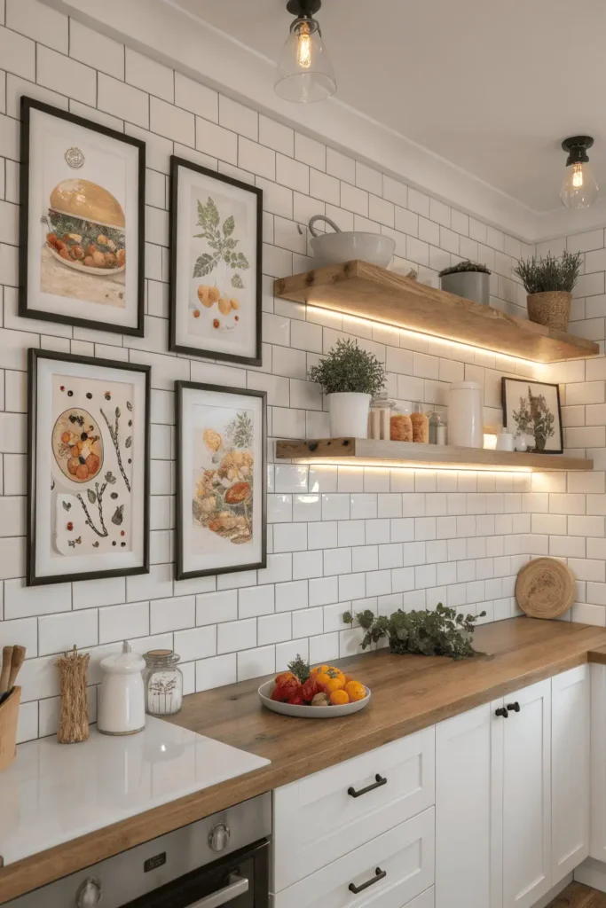 Kitchen with framed food art and cooking quote wall décor above counter space.