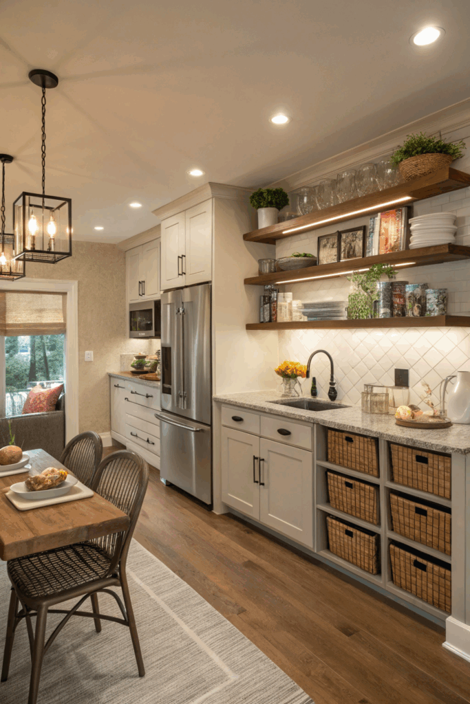 Remodeled kitchen with modern appliances, bright lighting, and open shelving showing the importance of kitchen remodel ideas for style and efficiency.