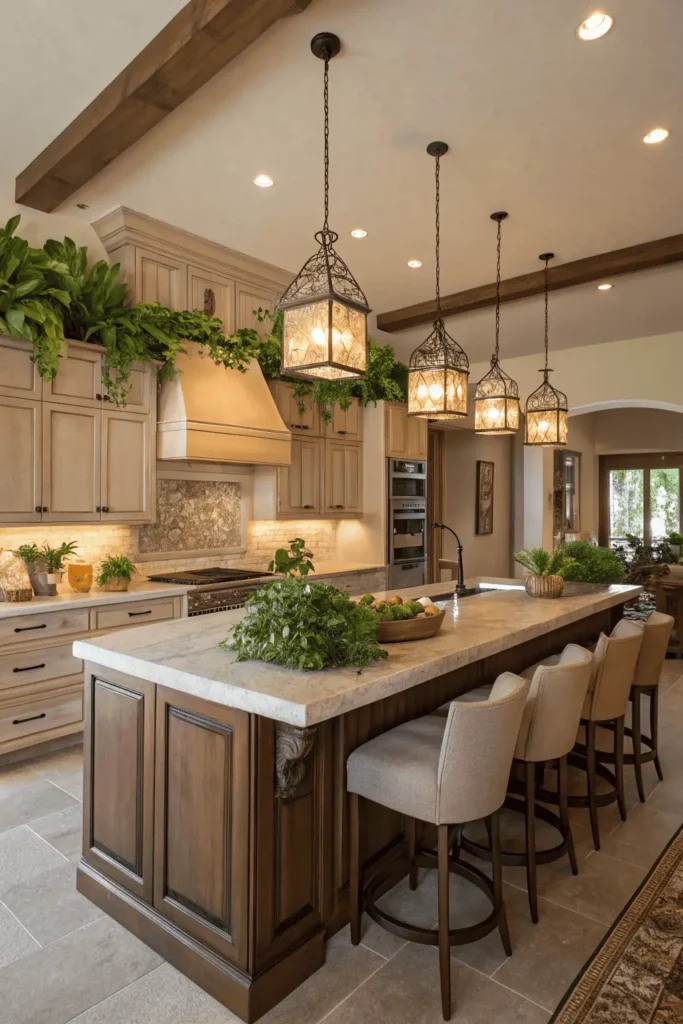 Inviting kitchen with island seating, pendant lights, and greenery, showing how kitchen design improves comfort, functionality, and aesthetics.
