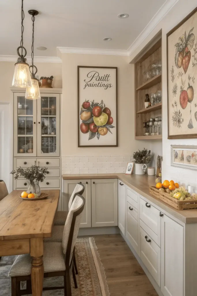 Farmhouse kitchen with framed fruit art and quote canvas highlighting décor and atmosphere.