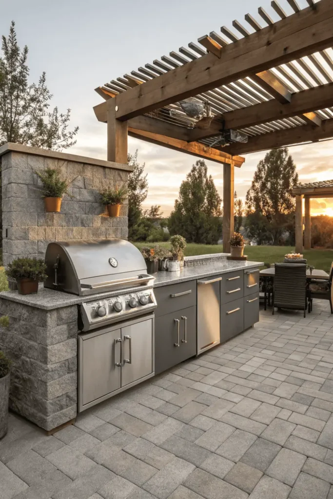 Built-in outdoor grill station with granite countertops and storage cabinets under pergola in backyard patio