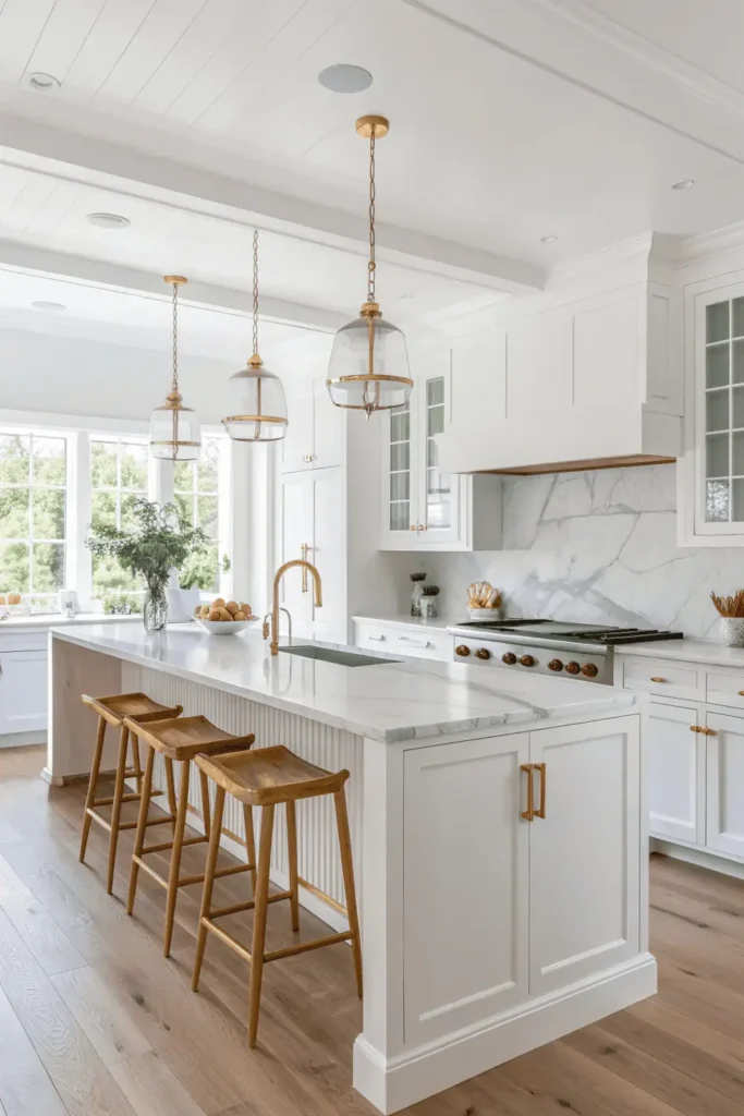 Elegant white kitchen with marble countertops, shaker cabinets, gold accents, and natural light — minimal and modern interior inspiration for Pinterest home decor.