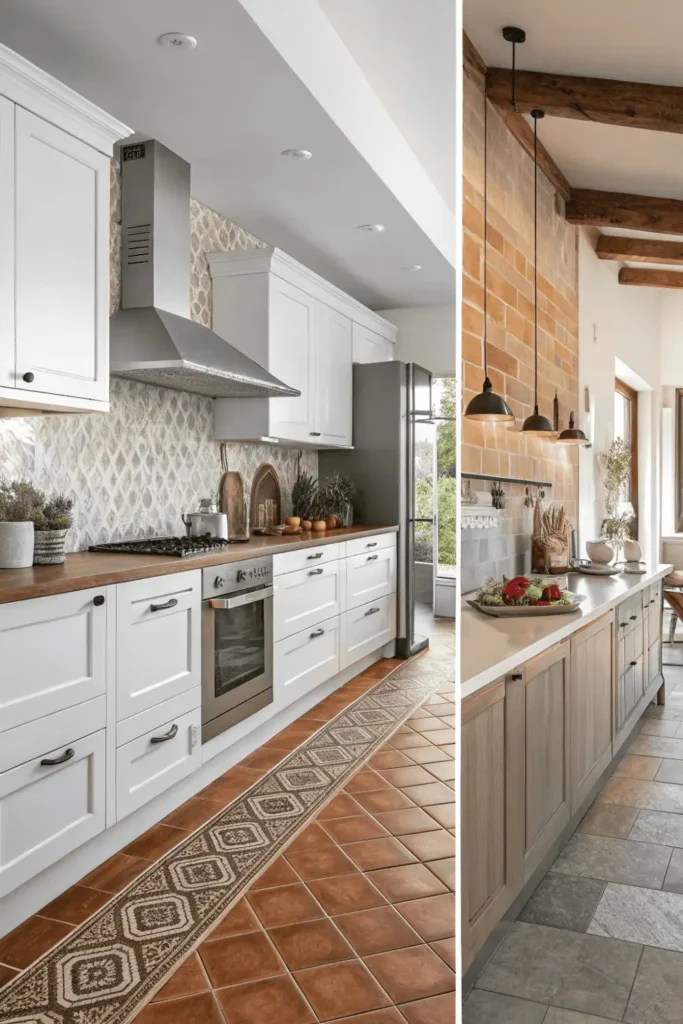 Collage showing modern, rustic, and minimalist kitchen styles with different tile designs, colors, and textures to help identify the perfect kitchen aesthetic.