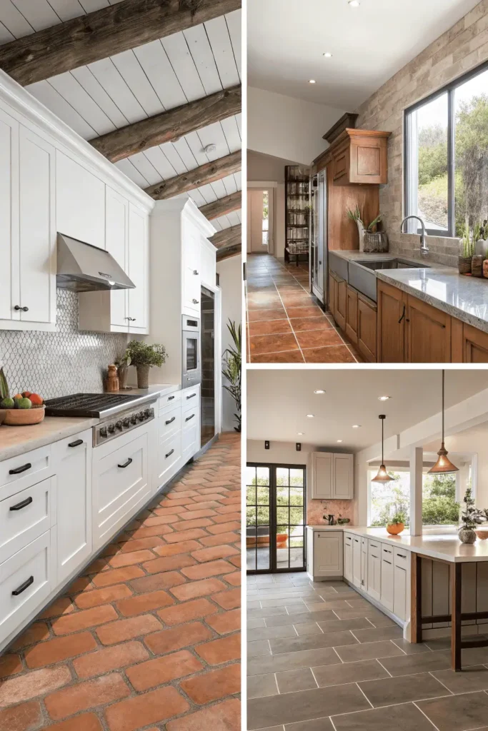 Collage showing modern, rustic, and minimalist kitchen styles with different tile designs, colors, and textures to help identify the perfect kitchen aesthetic.