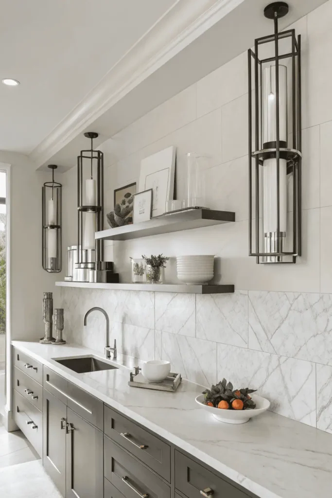 Modern kitchen interior featuring minimalist metal sconces in chrome finish illuminating a marble backsplash and wooden countertop with bright, natural light.