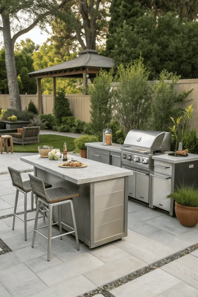 Contemporary outdoor kitchen with stainless steel grill island and bar stools.