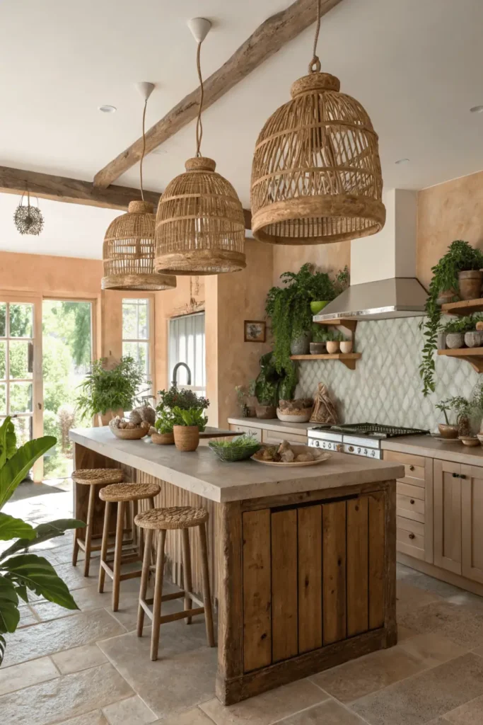 Boho kitchen with woven rattan pendant lights and rustic wooden island.