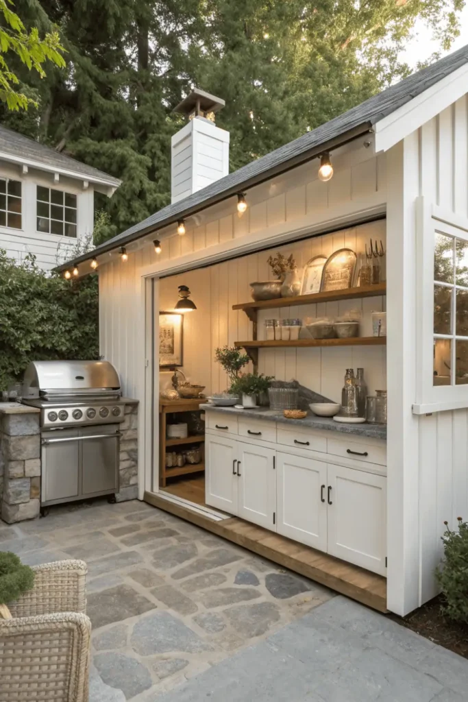 Garden shed converted to outdoor kitchen with removed wall and built-in counters and grill station