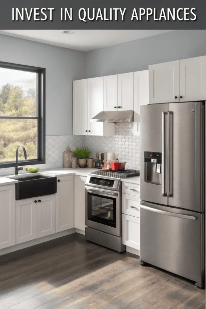 2026 modern kitchen with stainless-steel smart refrigerator, induction cooktop, and built-in oven showcasing quality and innovation.