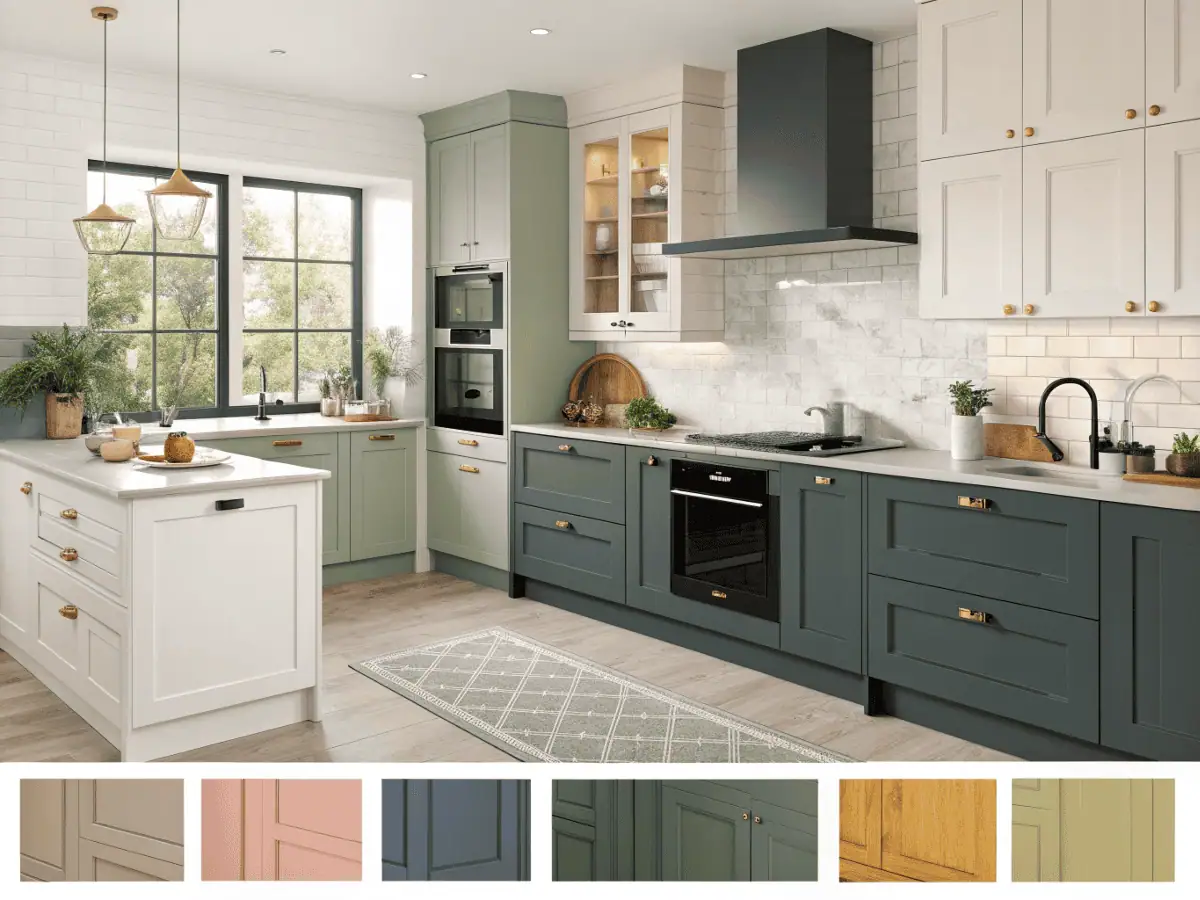 Collage of 10 kitchen color ideas including white, navy, sage, beige, black, and terracotta — modern and Pinterest-inspired kitchen designs showing trending color palettes.