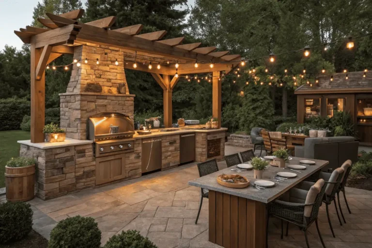 Modern outdoor kitchen with grill, stone counters, wooden pergola, and cozy backyard seating under string lights.
