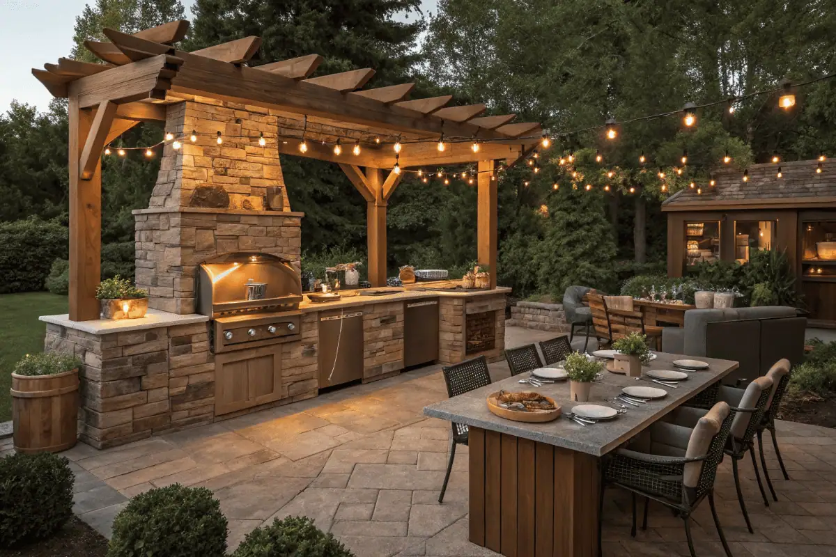 Modern outdoor kitchen with grill, stone counters, wooden pergola, and cozy backyard seating under string lights.