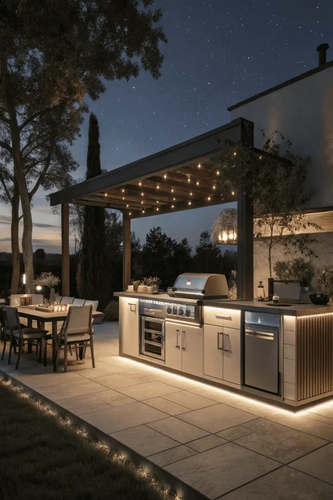 Modern smart outdoor kitchen with Wi-Fi grill and ambient lighting.