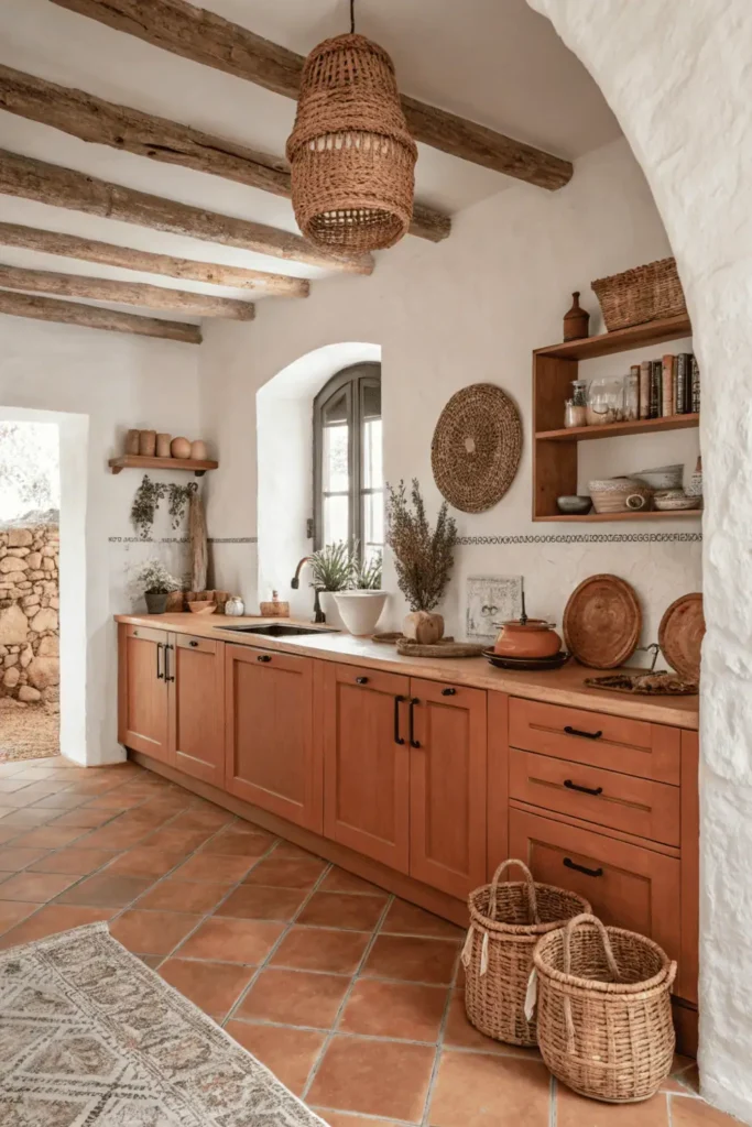 Warm terracotta kitchen featuring clay-colored cabinets and natural textures — cozy Mediterranean rustic home decor.