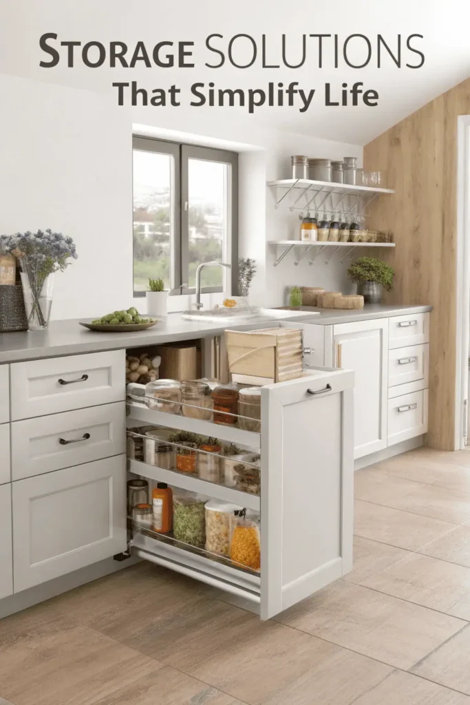 2026 modern kitchen with pull-out drawers, vertical pantry storage, and hidden cabinets designed for efficient organization and easy access.