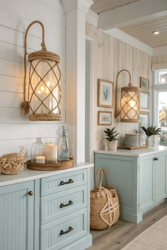 Beach-inspired kitchen with coastal rope lantern wall lights glowing warmly above light-blue cabinets and wood accents, creating a fresh, seaside ambiance.