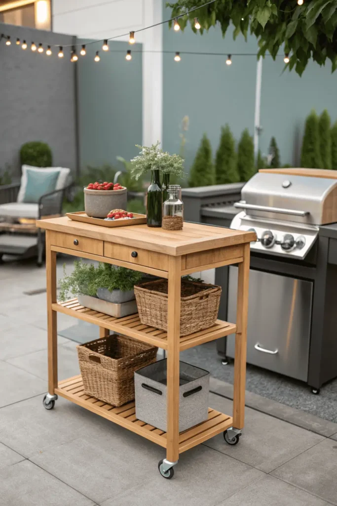Portable outdoor kitchen cart on wheels with butcher block top and storage baskets near grill station