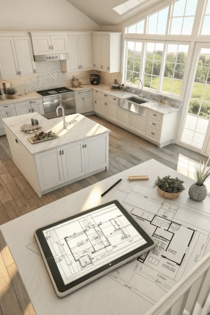 Modern 2026 kitchen remodel layout with central island, open space, and floor plan showing smart functional design ideas.