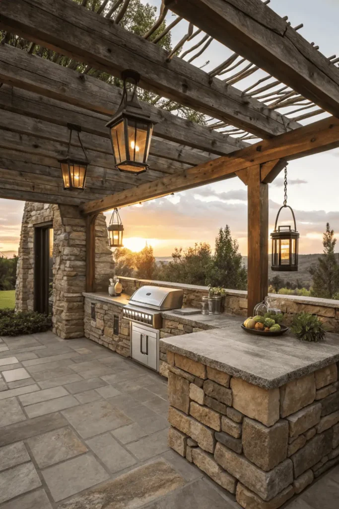 Rustic stone outdoor kitchen with wood beams and lanterns under a pergola.