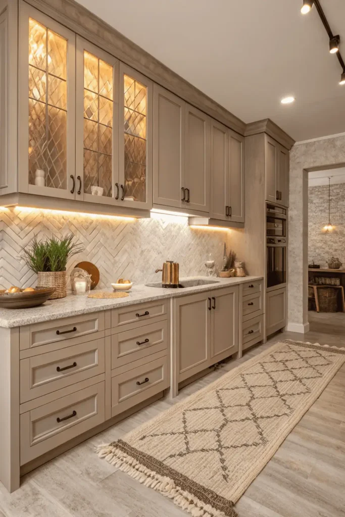 Cozy beige and taupe kitchen featuring soft lighting, wood textures, and neutral cabinets for a rustic yet contemporary home design.