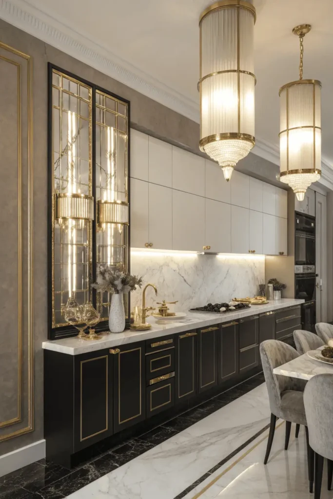 Elegant kitchen interior featuring Art Deco wall lights with gold and crystal accents illuminating a marble backsplash and creating a glamorous, refined ambiance.