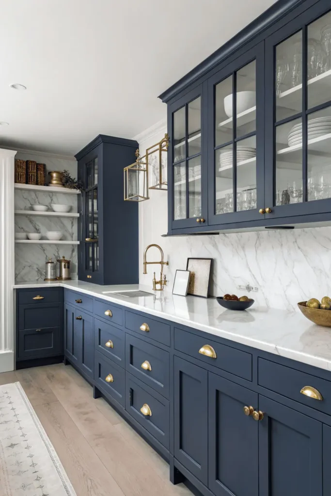 Modern navy blue kitchen with white marble counters and gold accents — elegant, moody, and Pinterest-worthy luxury design.